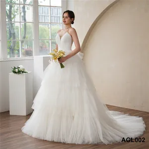 Cascading Ruffle Phong Cách Phụ Nữ Cô Dâu Trắng Dài Đuôi Bóng Gown Wedding Dress Ren Vải Phụ Nữ Dresses Cho Đám Cưới