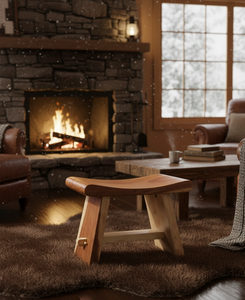 Taburete Curvo de Madera Suar Hecho a Mano con Grano Orgánico en Tonos Cálidos, Estilo Industrial Ecológico, el Toque Perfecto para el Dormitorio Moderno - Product Image 3