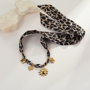Autumn Winter Fashion <b>Leopard</b> <b>Print</b> Silk <b>Scarf</b> Design Stainless Steel Sun Pendant Necklace and Bracelet Set - Product Image 3