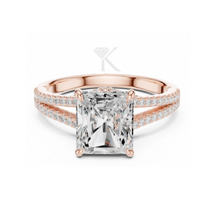 Anillo de compromiso de corte radiante en oro amarillo con tallo dividido, diamantes pavé y halo oculto. Anillo nupcial llamativo y elegante para aniversario. - Product Image 5