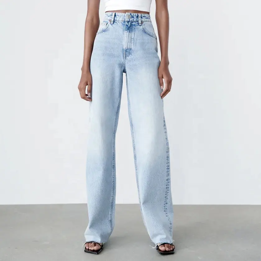 Boyfriend loose fit bleach wash wide leg denim jean trousers for women