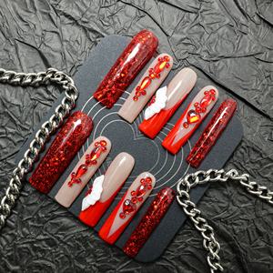 Uñas postizas de acrílico de lujo hechas a mano a precio de fábrica, estilo Y2K con diamantes de imitación rojos, forma ataúd, cobertura completa 3D, puntas francesas, reutilizables. - Product Image 1