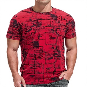 Men's Red <b>Geometric</b> Print Short Sleeve T-<b>Shirt</b> Slim Fit O-Neck Casual Wear Breathable Knitted Polyester Top - Product Image 1