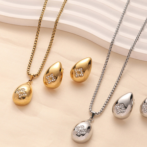 18K PVD Gold Plated Stainless Steel Teardrop Pendant <b>Necklace</b> & <b>Earrings</b> <b>Set</b> with Paved Crystal Flower Design for Women - Product Image 1