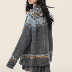Maglione da <span class=keywords><strong>Donna</strong></span> <span class=keywords><strong>con</strong></span> <span class=keywords><strong>Zip</strong></span> e Motivo Nordico - Top Casual Trendy per Tutti i Giorni - Product Image 5