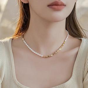 14K Gold Beaded <b>Necklace</b> with Natural Freshwater Rice <b>Beads</b> Luxury Short Style Collarbone Chain Fine Beaded <b>Necklaces</b> - Product Image 1