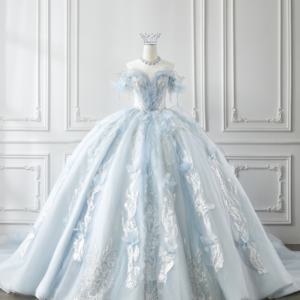 فستان زفاف سندريلا فاخر من أوفيليزا أزرق فستان حفلة أميرات تصميم مكشوف الكتفين ثلاثي الأبعاد مزين بلمعان بلورات مطرزة - Product Image 2