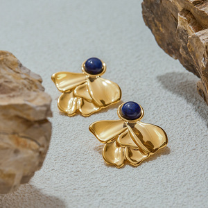 18K Gold Lapis Lazuli Irregular Fan Shaped <b>Stud</b> <b>Earrings</b> Geometric Design Bezel Setting - Product Image 3