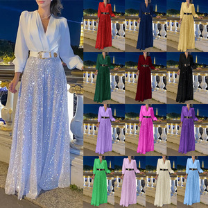 Monos de pierna ancha de alta calidad para mujer, camisa de manga larga con cuello en V, <span class=keywords><strong>mono</strong></span> de fiesta de <span class=keywords><strong>lentejuelas</strong></span> elegante de cintura alta para mujer - Product Image 1