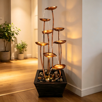Décoration intérieure en métal, lumière LED annulaire, fontaine à eau en forme de lotus à trois niveaux pour cour