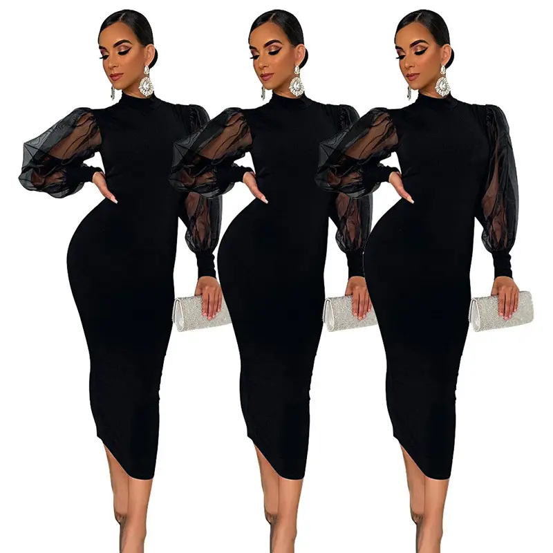 Fashionable Sheer Mesh Transparent Lantern Sleeve Long Sleeve Formal Midi Maxi Dress Black Dresses Women Elegant