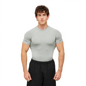 Men's Grey Short Sleeve Compression <b>Shirt</b> Slim Fit Quick Dry Sporty O-Neck Knitted <b>Polyester</b> <b>T</b>-<b>Shirt</b> - Product Image 2