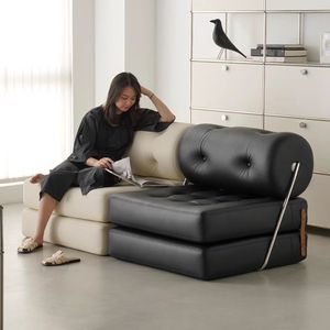 Sofá cama modular de cuero crema y negro, muebles seccionales para sala de estar, completamente ensamblado - Product Image 1