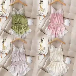 Sexy Milk Silk Lace Pajama Set for Women and Summer Girls, Sexy Deep V Printed Hanging Strap Pajamas