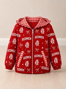 Manteau à capuche zippé pour enfants, motif étoiles et volants, avec nœuds de mascotte d'équipe scolaire personnalisés, style boutique, vêtements mignons pour sœurs, vente en gros, automne - Product Image 1