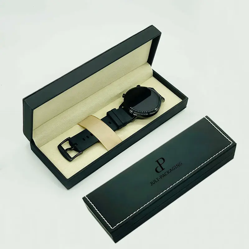 Custom Luxury Packaging Box With Gift Card Black Leather Cardboard Paper Display Single Watch Box Cases