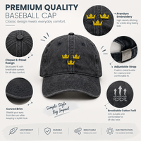 Casquette de baseball unisexe personnalisée vintage noire délavée à 6 panneaux avec broderie dorée 3 couronnes légère, anti-UV, ajustable et respirante