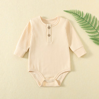 Baby Romper met lange mouwen, geribbeld, knoopsluiting, katoen, herfst/winter, newborn kleding, Europa & Amerika stijl, unisex