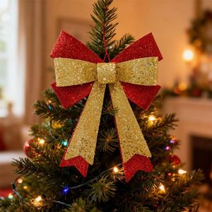 Christmas Tree Topper <b>Bow</b> <b>Red</b> Gold Burlap Glitter Hanging Ornament for DIY Xmas Wreath Gift Basket Party Holiday Decorations - Product Image 2