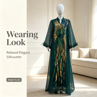 Robe longue décontractée pour femmes musulmanes du Moyen-Orient, col en V, manches longues, ornée de paillettes d'autruche faites à la main en polyester