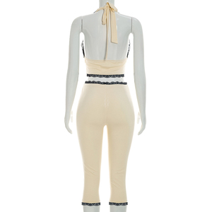 Viviblook J26ST268 Ensemble 2 pièces sexy pour femme : débardeur dos nu en dentelle à col licou et pantalon court côtelé de couleur unie - Product Image 4