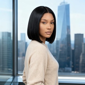 Perruque courte et droite style bob, sans colle, aspect naturel, synthétique, 12 pouces, résistante à la chaleur, avec raie au milieu, pour femmes, usage quotidien - Product Image 4