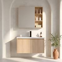 Meuble de salle de bain élégant en aluminium nid d'abeille grain chêne clair avec 2 portes, miroir, étagère ouverte et lavabo en céramique anti-traces de doigts