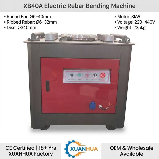 XUANHUA XB40A Stainless Steel Rebar Bending Machine 6-40mm 235Kg Lightweight 220V-440V 10Mm Panel Steel Bar Bender 3Kw CE