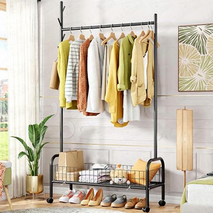 Modern <b>Metal</b> Clothing <b>Rack</b> with Wheels Double Tier Storage <b>Shelf</b> for Living Room Standing Type Multifunctional Design - Product Image 6