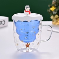 Tasse à café ou thé réutilisable en verre à double paroi résistant à la chaleur de 350 ml, motif sapin de Noël, avec couvercle en silicone et sous-verre