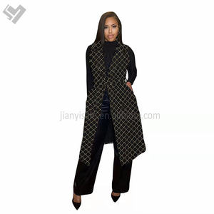 معطف طويل من الصوف للنساء، صدرية فاخرة بلا أكمام للخريف والشتاء، كارديجان بتصميم مطبوع وياقة مطوية ورقبة على شكل V مع حزام - Product Image 4