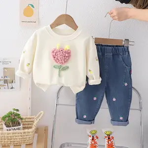 Girls Spring Wear 2024 New Sports Suit Children Three-dimensional Flower Hoodie Floral Embroidered Jeans Casual Kids Outfits
