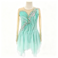 Robe de patinage artistique vert menthe pour enfants et adultes, col rond, manches longues en maille, dos orné de strass, pour compétition et spectacle de patinage sur glace