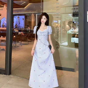 Sweetheart Neck Short Sleeve Dress With Bow Print A Line Casual Daily Wear - Product Image 3