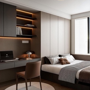 Minimalist Wall Bed Bedroom Wardrobe <b>Desk</b> <b>Bookshelf</b> Custom Furniture Set with Wood Panel Design - Product Image 4