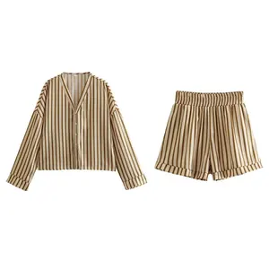 TAOP&ZA Women's Clothes 2023 New Fashion Casual Versatile Striped Long-sleeved V-neck Shirt Elastic Waist Short Pants