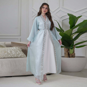Ropa islámica nueva Abaya 2025 cárdigan bordado de flores de satén de lujo conjunto de 2 piezas Abaya modesto abierto Abaya mujeres vestido musulmán - Product Image 6