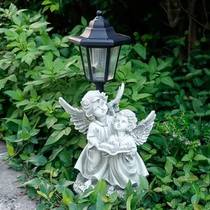 Vente en gros de statue d'ange double en résine à énergie solaire avec lumière vintage, décoration de jardin extérieur pour Pathway Yard Festival - Product Image 2