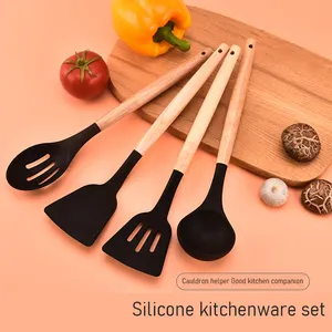 Set peralatan dapur silikon kustom 12 buah, set alat memasak spatula pengaduk peralatan dapur pegangan kayu