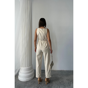 Conjunto de lino Massimo para mujer, top y pantalones sin mangas en color beige, talla S, estilo minimalista elegante - Product Image 1