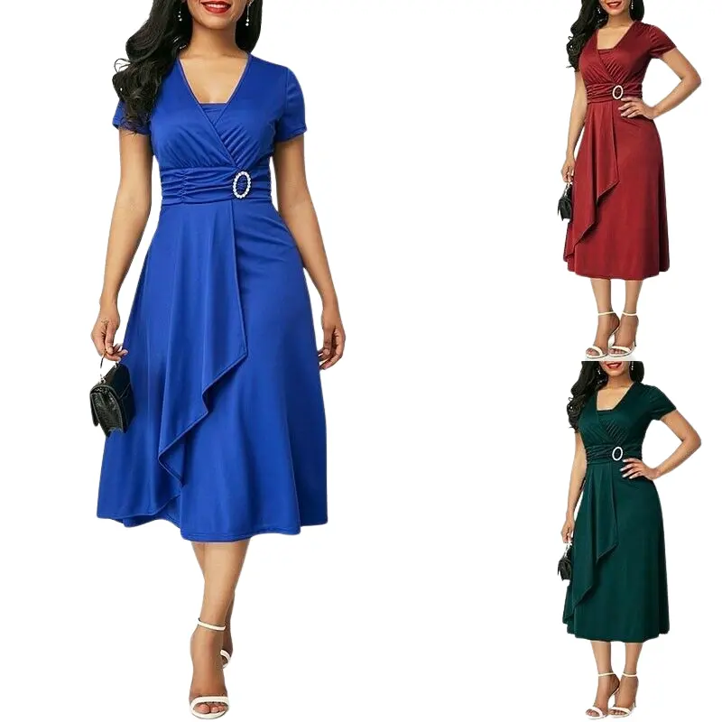 Été Femmes élégantes Couleur solide Manches courtes Col V Ourlet asymétrique Jupe taille haute Femmes Soirée Vestidos Robes d'été