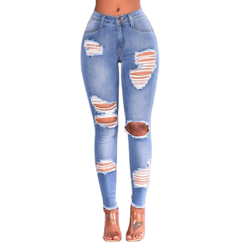 China Manufacture Custom Casual Long Jeans Women High Waist Skinny Pencil Blue Denim Pants ripped Hole cropped slim fit Jeans