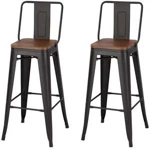 Sillas de Bar Industriales Altas de Estilo Vintage, Patas de Metal, Asiento de <span class=keywords><strong>Madera</strong></span> Maciza, Taburetes de Bar <span class=keywords><strong>Tolix</strong></span> con Respaldo - Product Image 1