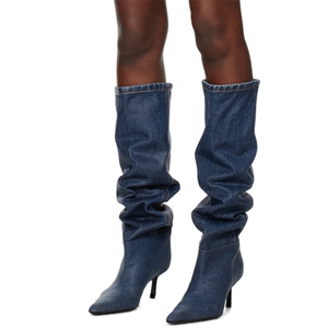 Women Loose Knee High Boots 6.5cm Low Thin Heels <b>Long</b> Booties Denim High-Heeled Ladies Glitter Stiletto Pumps Shoes - Product Image 3
