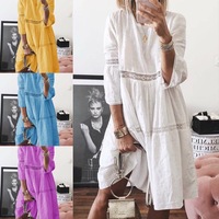 Robe midi ample décontractée pour femme avec broderie anglaise et dentelle, manches 3/4, style bohème, tenue de vacances d'été 2026