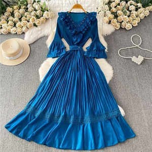 Women's Denim Ruffle V Neck Pleated Maxi Dress <b>Spaghetti</b> <b>Strap</b> Belted Waist Lace Trim A-Line Skirt Casual Party Eco-Friendly - Product Image 3