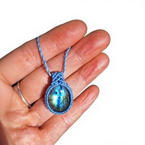 Handmade Macrame Pendant <b>Necklace</b> With Natural Oval Stone Bezel Setting <b>Blue</b> Thread Bohemia Style Unisex Jewelry - Product Image 1