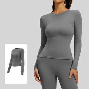 Haut de yoga léger et respirant à manches longues pour femme, coupe ajustée, col rond, imprimé sur le devant, sans coutures, couleur unie - Product Image 2