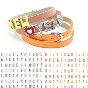 High quality Pink Rhinestone Slide Letters A To Z Rhinestones Slider Alphabet Beads Bling Initials Letter Charms necklace