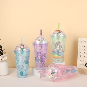 Lovely 450ml Rainbow Tail Mermaid Themed Double Wall Plastic Straw Tumbler with <b>Decorative</b> Iridescent Tinsel Filled Dome <b>Lid</b> - Product Image 4